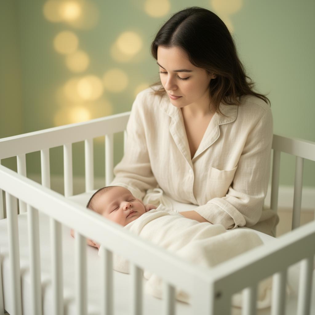 Mãe aliviada observando seu bebê recém-nascido dormir tranquilamente